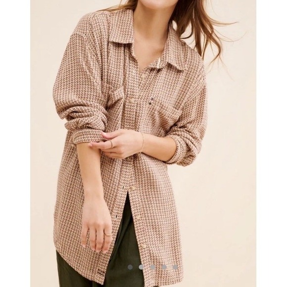 READ We The Free Shirt Womens XS Beige Herringbone Tweed Long Sleeve Tunic Top - Picture 1 of 16